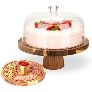 Acacia Wood Cake Stand with Lid | 12 Inch Wooden Cake Stand with Acrylic Dome & 2-in-1 Design | Multi-Purpose Dessert Server and Charcuterie Board for Home Bakers, Weddings, Party Table Display