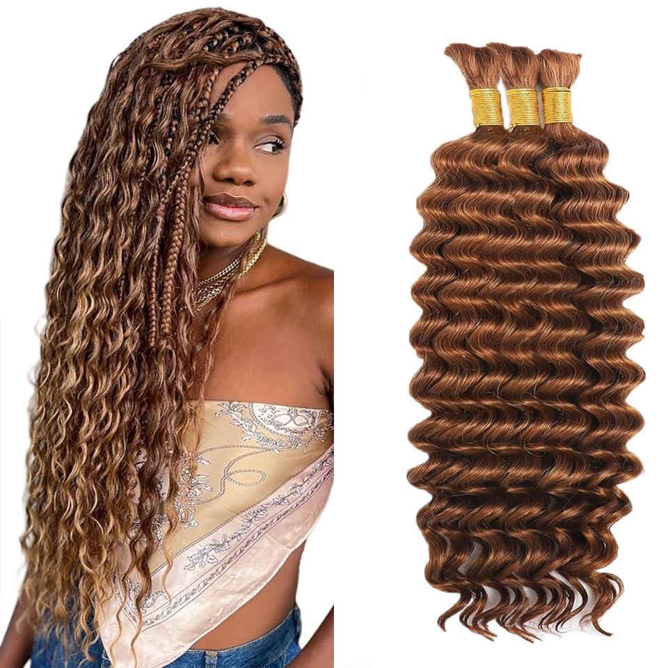 #30 Light Brown Human Braiding Hair for Boho Braids 22 22 22 Inch Knotless Brown Deep Wave Bulk Human Hair for Braiding No Weft Hair Extensions 150g 3 Bundles/Pack