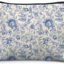 Navy Blue Vintage Floral Makeup Bag for Women, Grandmillennial Blue Flower Botanical Cosmetic Bag for Purse, Floral Makeup Zipper Pouch