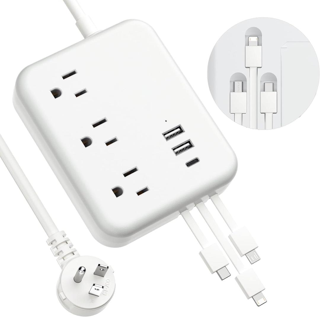 6 USB Power Strip with 3 Charging Cable - Travel Power Strip with 6 USB Desktop Charging Station and 3 Outlets, 5ft Flat Plug Extension Cord, Non Surge Protector for Cruise Ship Travel Office Dorm