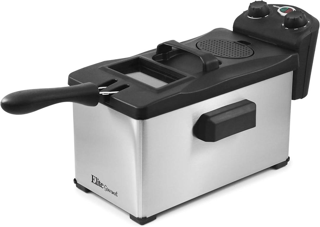 Elite Gourmet EDF3500 Electric Immersion Deep Fryer. Removable Basket, Timer Control Adjustable Temperature, Lid with Viewing Window and Odor Free Filter,Stainless Steel,3.5 Quart / 14 Cup