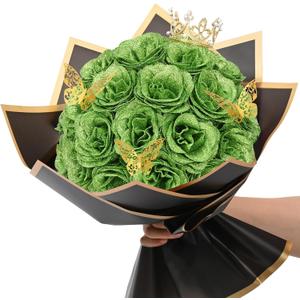 Waipfaru Glitter Roses Bouquet, DIY Green Fake Flowers Bouquet, Birthday Gifts for Women Mom, 24 Pcs Rose for Wife Girlfriend Valentines, Mothers Day, Graduation, St. Patrick's Day