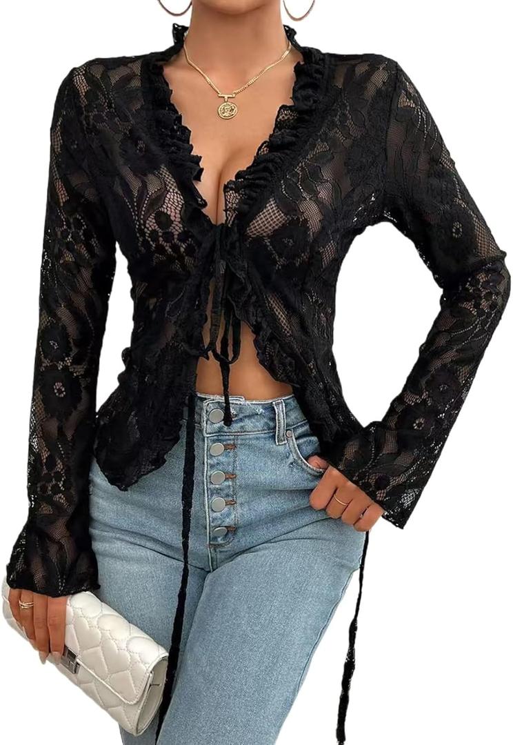 Women's V Neck Lace Sheer Top Sexy Mesh See Through Shirts Open Front Tie Long Sleeve Blouses Y2k Going Out Tops (Large, Black)