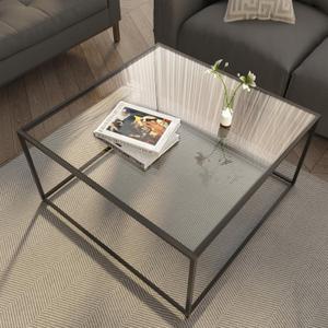 Glass Coffee Table Modern Center Table,Minimalist Coffee Table Sofa Side Tea Table for Living Room,Tempered Glass-top with Sturdy Metal Frame, Easy Assembly,26.4 x 26.4 x 15.7 Inches, Black, Square-26.4in