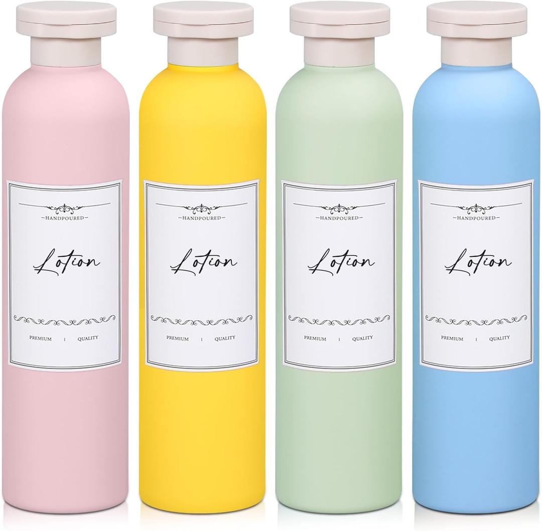 Travel Shampoo Bottle, Empty Plastic Squeeze Bottles 8.8oz with Flip Cap, Lotion Container for Toiletries Travel Size Shampoo and Conditioner (Yellow+light Blue+pink+green)