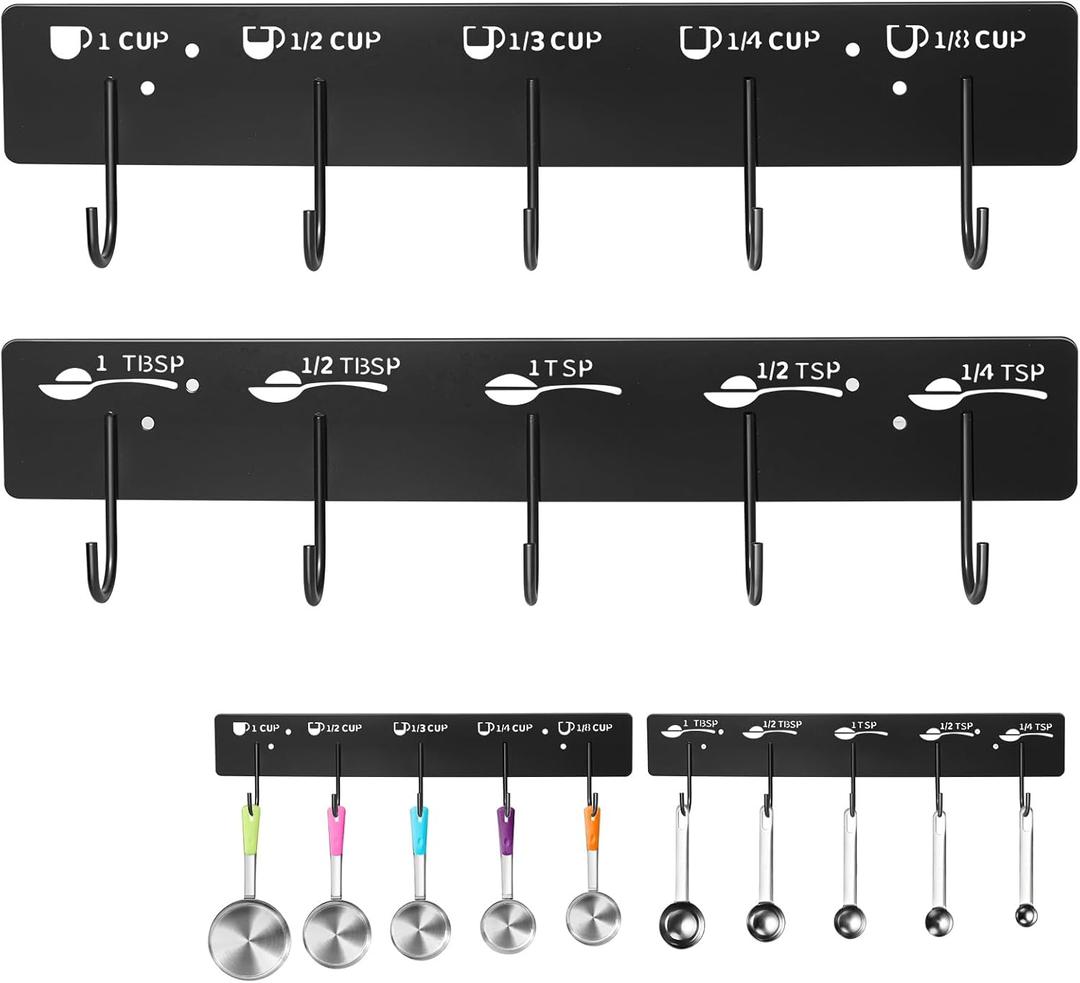 2 Pack Measuring Cups and Spoons Hanging Rack, Black Hanging Cups and Spoons Rack, Space Saving Kitchen Utensil Holder, Including Screw and Adhesive Mounting