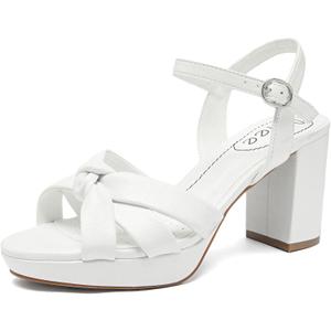 Women's Platform Heels Chunky Heeled Sandals, Ankle Strappy Round Open Toe Dressy Shoes Wedding Party High Pump Heels for Women. (9.5, White 086)