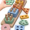 PEBIRA Montessori Toys for 1 2 Year Old, Wooden Sorting and Stacking Toys for Toddlers, Baby Shape Sorter and Color Stacker Blocks for Toddler, Preschool Learning Toy, Gift for 12-18 Month Boys Girls