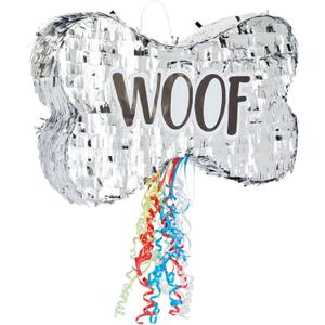 BLUE PANDA Dog Pinata Pull String Bone-Shaped - Small, 16.8 x 10 x 3 in, Silver Foil - Dog Birthday Pinata for Puppy Party - Party Decor & Birthday Decorations