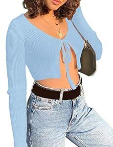 xxxiticat Women's Front Tie Up Crop Top Shirt Long Sleeve Lace Up Knitted Open Cardigan V Neck Bolero Cropped Basic Tees(M)
