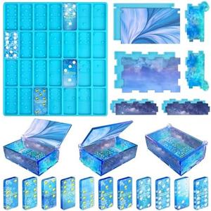Vakoo Domino Molds for Epoxy Resin, Thickened Silicone Molds for Resin Casting, with Large Capacity Box Mold - Blue 6 PIECE