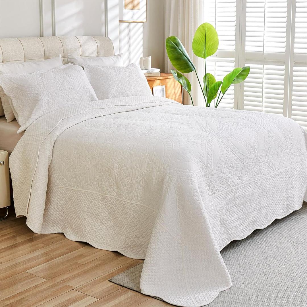 Cmfshape 100% Cotton Quilt California King Size-White Bedspread 114"x102"-Coin Pattern Bedding Set 3 Pieces-Pre-Washed Lightweight Cotton Coverlet-Suitable for Bed,Couch,Quilt Blanket All Seasons