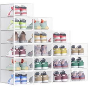 SONGMICS Stackable Shoe Boxes, Set of 18 Plastic Shoe Organizers with Door, Transparent, Easy Assembly, 9.1 x 13.1 x 5.6 Inches, for Shoes up to US Size 9, Transparent and Cloud White ULSP318W01