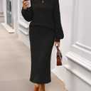 MEROKEETY Women's Fuzzy 2 Piece Outfit Winter Long Sleeve Off Shoulder Pullover Top Midi Skirt Matching Lounge Sets (Black, M)