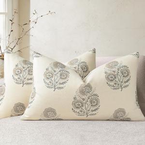 YCOLL Vintage Floral Print Pillow Covers 12x20 Set of 2 Patterned Accent Decorative Cushion Covers Modern Farmhouse Throw Pillow Covers for Sofa Couch Chair Bed Living Room Home Decor, Light Taupe