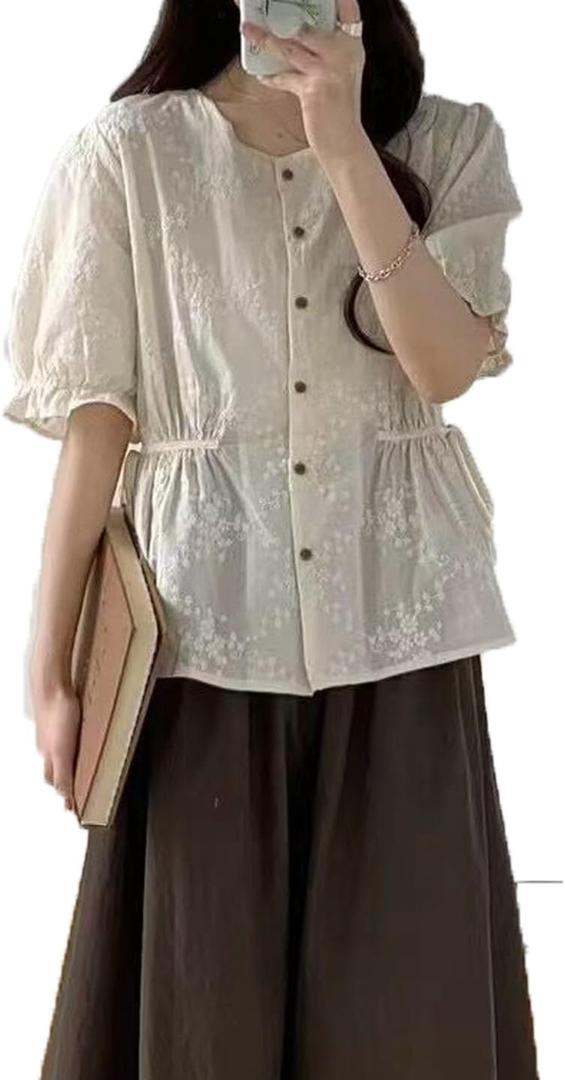 Women's Cotton Linen Embroidered Tunic Blouse Elegant Puff Short Sleeve Crewneck Layered Button Down Shirt (Beige)