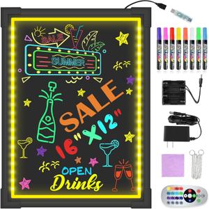 Hosim LED Message Writing Board 35"x27" Illuminated Erasable Neon Effect Restaurant Menu Sign with 8 colors Markers, 7 Colors Flashing Mode DIY Message Chalkboard for Kitchen Wedding Promotions