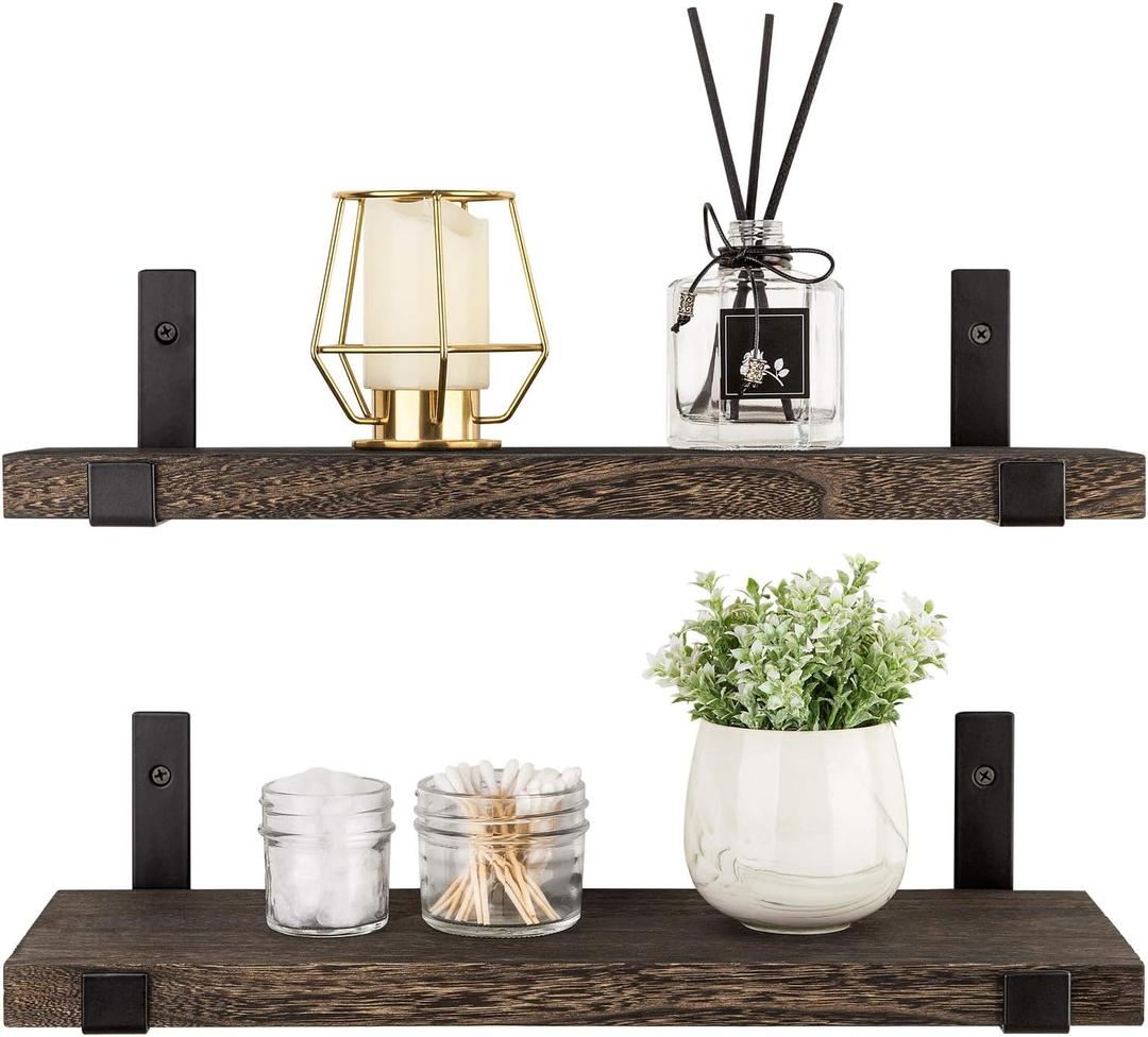 Mkono Rustic Wood Floating Shelves Wall Mounted Shelving Set of 2 Decorative Wall Storage Shelves with Lip Brackets for Bedroom, Living Room, Bathroom, Kitchen, Hallway, Office (17")