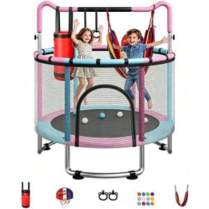 55/60" Trampoline for Kids, 4.5/5 FT Toddler Trampoline with Enclosur Net, Basketball Hoop & Sandbag, 440 LBS Capacity, Adjustable HeightGifts for Ages 3-12 Boys & Girls