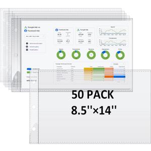 8.5 x 14 Paper Sleeves, 50 PCS, Legal- Size Document Sleeves, Landscape Page Protectors for 3 Ring Binder, Legal Sheet Protectors, Side Loading