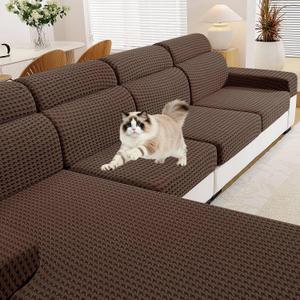 MAXIJIN Couch Cushion Covers for Sectional Sofa, Stretch Sofa Cushion Cover Washable Furniture Protector with Elastic Bottom & Non-Slip Strap for Pets Kids (3PC Seat Cover, Brown)