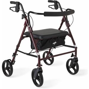 Medline Large Steel Bariatric Rollator Walker with Adjustable Handles, Padded Seat & Backrest, Burgundy, 500 lb. Weight Capacity, Foldable, Under Seat Storage, 8" Wheels, For Seniors & Adults