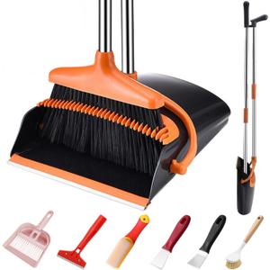 Broom and Dustpan Set with Long Handle and 6 Bonus Cleaning Tools, Upright Standing Combo with Self-Cleaning Teeth & Windproof Dustpan for Pet Hair, Home, Kitchen, Garage, Apartment (45.3IN, Orange&black)