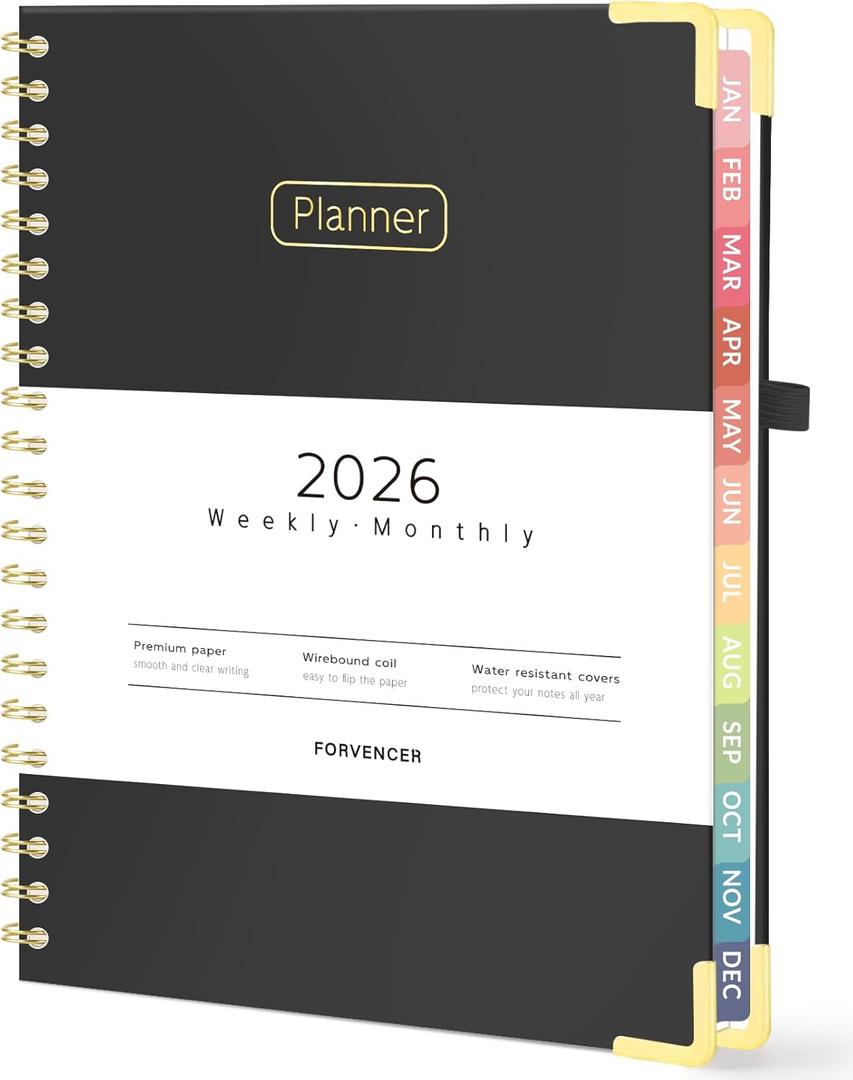 Forvencer 2026 Planner, Hardcover Calendar Planner Weekly and Monthly, Jan 2026 - Dec 2026, 8.5" x 11", Spiral Agenda Book with Tabs, Exquisite Daily Journal Organizer for Home School, Black