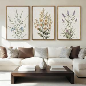 Anyzal Extral Large Botanical Framed Wall Art 24x36 Inch Neutral Floral Canvas Wall Decor Minimalist Beige Wildflower Painting for Living Room Bedroom Dining Room Set of 3