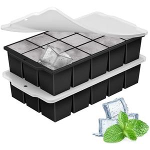 MEIJO Silicone Ice Cube Tray with Locks Lids, Easy Release Flexible 15 Square Ice Trays for Freezer, Stackable & Reusable Ice Cube Mold for Whiskey, Cocktails, Baby Food, BPA Free, 4 Pack (Black)