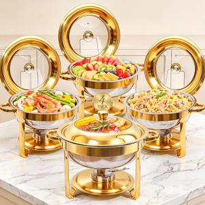 Chafing Dishes for Buffet, 4 Pack 4.5QT Round Chafing Dishes, Gold Stainless Steel Chafing Dish Buffet Set with Glass Lid and Lid Holder for Home Parties, Wedding,Catering Events