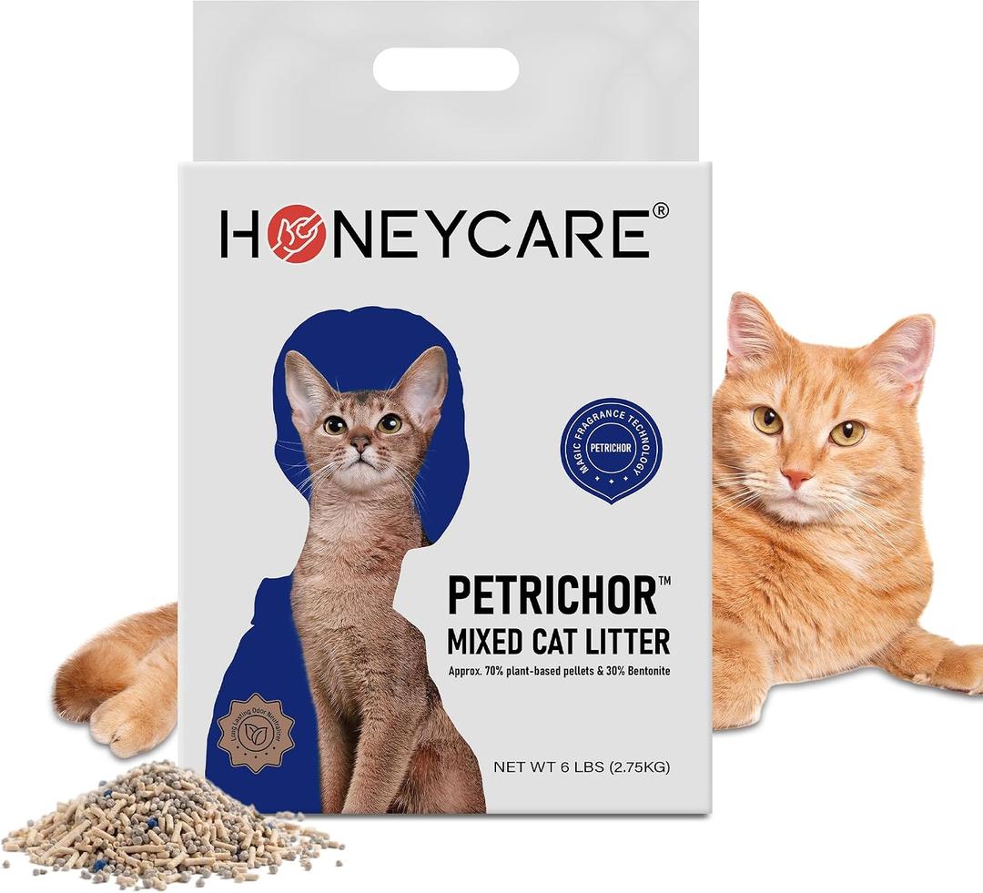 HONEY CARE Petrichor Mix Cat Litter I Tofu Cat Litter I Nature Plant-Based Pellets and Bentonite Durable Cat Litter I Low Dust Qucik Clumping Superior Control, 3 Pack 