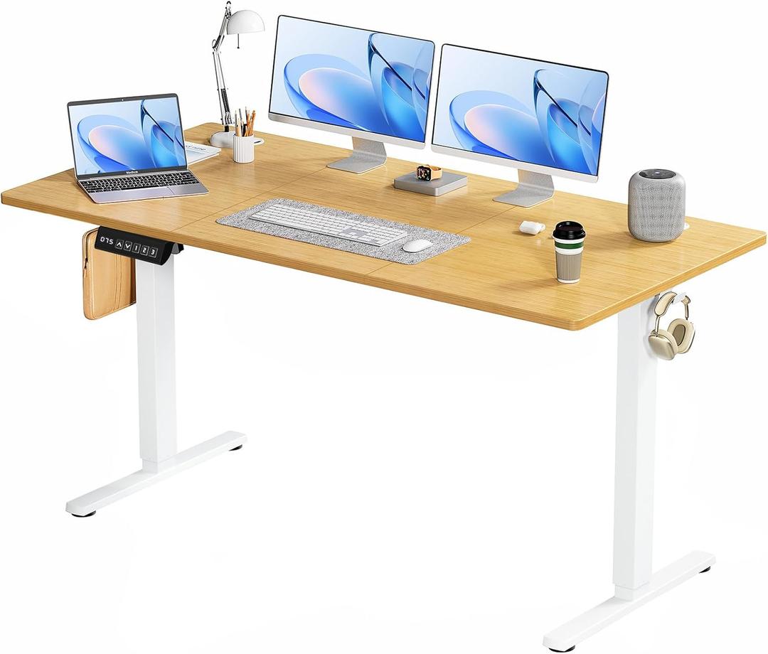 Smug Adjustable Height Standing Desk 63 Inch Electric Sit Stand Up Down Computer Table Ergonomic Rising Modern Lift Motorized Gaming Desktop Workstation for Work Home Office - Oak