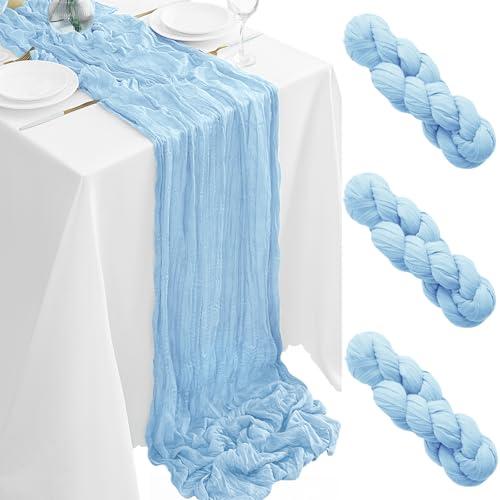 3Pack Baby Blue Table Runner 35 x 120 inch Light Blue Cheesecloth Table Runner 10FT Boho Table Runners Rustic Gauze Cheese Cloth Table Runners for Party Wedding Birthday Bridal Baby Shower Decor