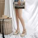 ForeMode Bow Mary Jane Shoes High Heels Closed Round Toe Pumps Leather Summer Sweet Shoe（Sand, 7.5）