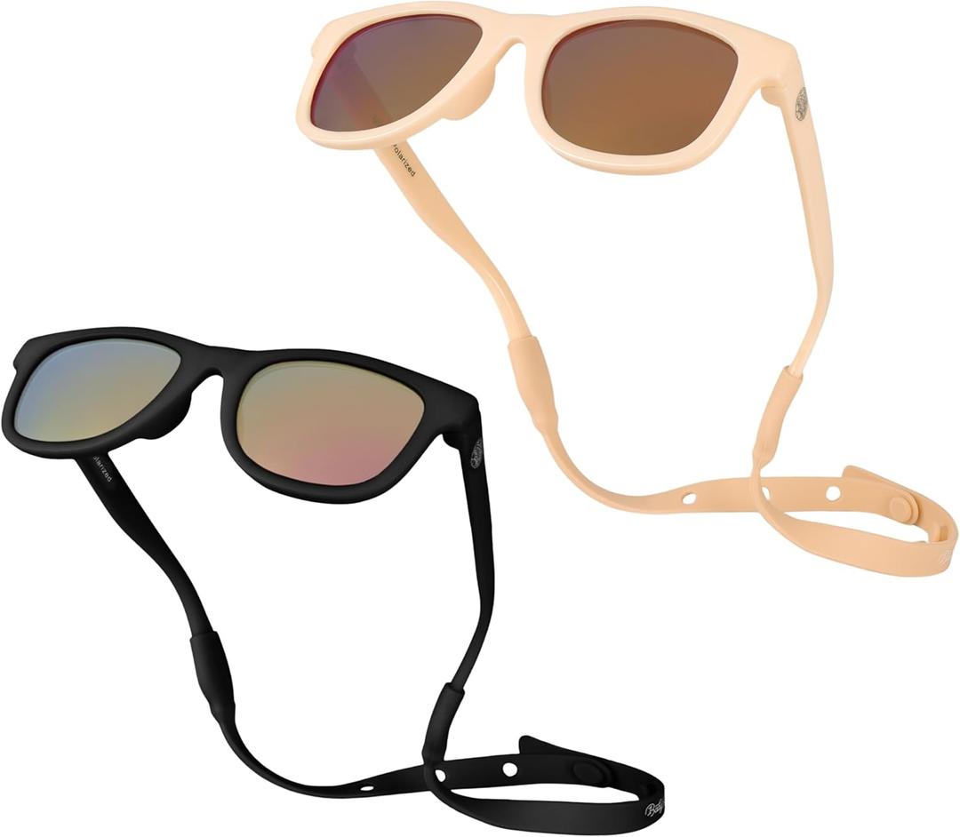 Polarized Baby Sunglasses With Strap - Unbreakable Flexible Infant Sunglasses For Toddlers Newborns 0-24 Months (Peach & Black Bundle)