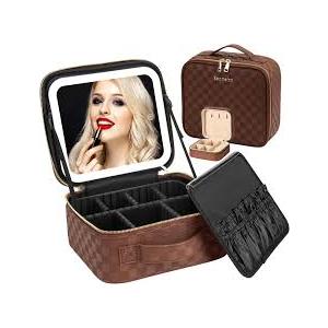 Seoneiro Makeup Travel Bag with LED Lighted Mirror Adjustable Brightness Portable Waterproof Makeup Case with Adjustable Dividers, Make up Train Case Organizer Makeup Brush Accessories and Tool Case