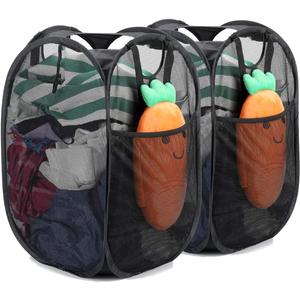 2 Pcs Strong Mesh Pop-up Laundry Hamper, Quality Pop Up Hampers for Laundry with Durable Handles Solid Bottom High Carbon Steel Frame, Easy to Open and Fold Flat for Storage(Black)