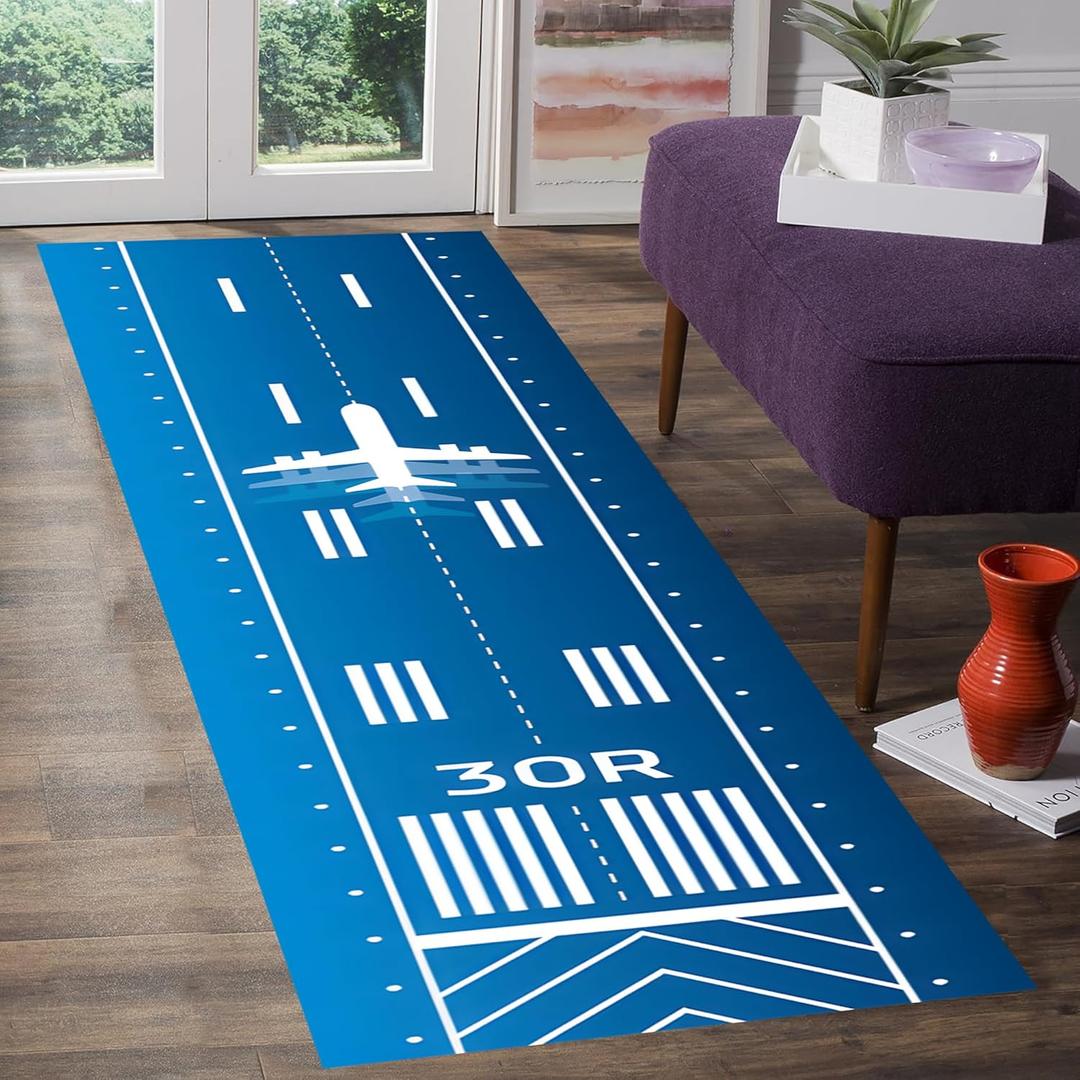 Blue White Runway Runner Area Non Slip Rug, Airport Rugs, Aircraft Carpet, Airplane Carpets, Aviation RM1205 (60x200Cm//23x78 inch)