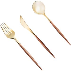 Lullaby 120PCS Gold Plastic Silverware, Gold Disposable Cutlery with Wood Grain Handle Include 40 Forks, 40 Spoons, 40 Knives, Elegant Disposable Silverware for Wedding, Party, Gathering, Daily Use