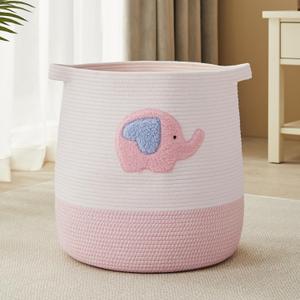 Pink Cotton Rope Laundry Hamper for Kids Girls, Toy Storage Basket for Girls Room Bedroom, 16" W x 17.7" H