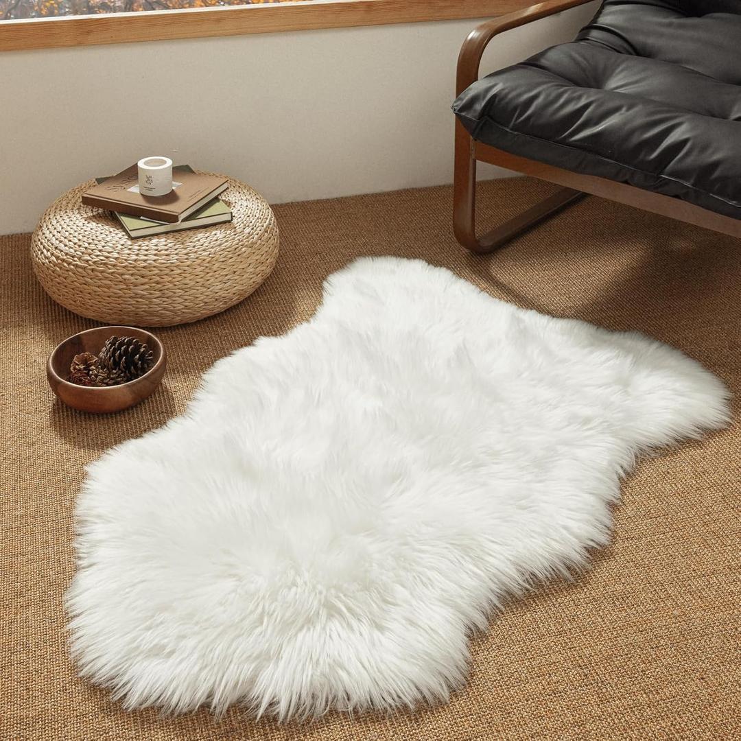 Ashler Faux Fur Rug, Fluffy White Small Sheepskin Rug, Ultra Soft 2x3 Ft Mat, Machine Washable Shag Mats, Nursery Throw for Bed, Living, Kids Room, 2" x 3" (Oval), C-white