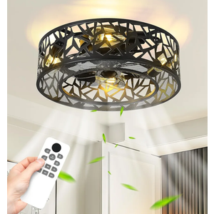 Caged Ceiling Fans with Lights,18 Inch Fandelier Ceiling Fan with Remote Control,Matte Black Low Profile Ceiling Fan for Bedroom,Living Room,CF06-BK