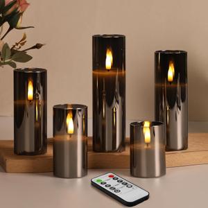 Eywamage 5 Pack Grey Glass Flameless Candles with Remote, Flickering Slim Tall LED Pillar Votive Candles Battery Included