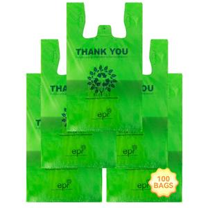 [100 per box] | Recyclable Compostable Reusable Biodegradable Plastic T-Shirt Bags | Grocery Shopping Bags | Green Eco Plastic Bags (100 per Pack) | T-Shirt Carryout Bags 100 count Restaurant Quality, Durable, Reusable and Econ Friendly | Measures 11. 5" X 6. 25" X 21"( large size 1/6) , 16 Mic (0. 63 Mil)