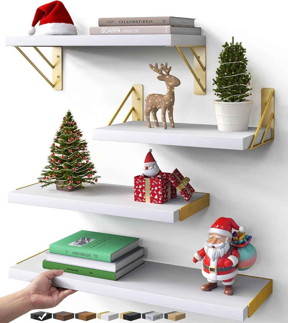 BAYKA Wall Shelves for Bedroom Decor, Floating Wall Shelf for Living Room Kitchen Storage, Mounted Rustic Wood Shelves for Kids Books, Christmas Decorations for Room(White and GoldSet of 4)