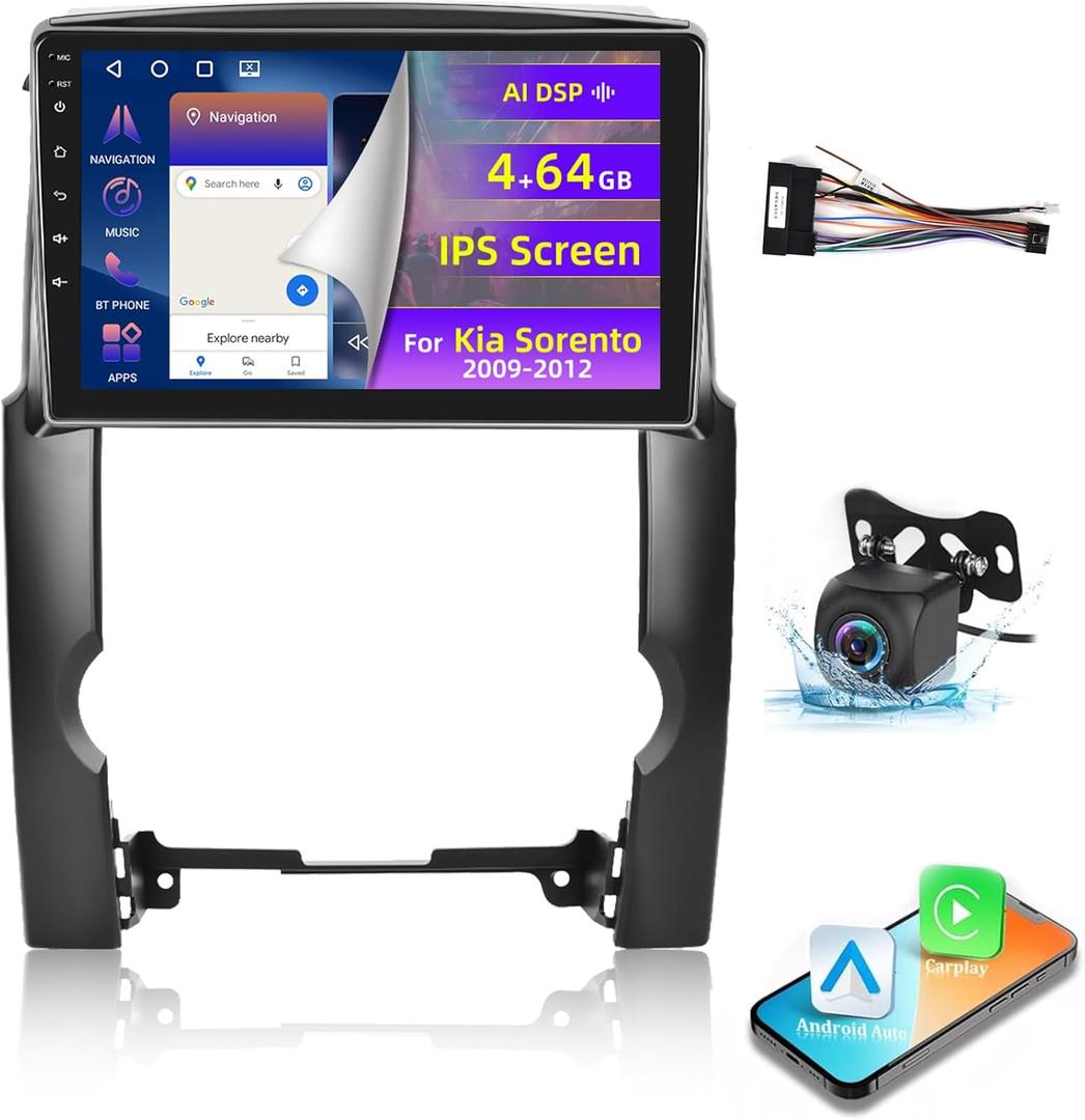 [4+64G] Upgrade Radio for Kia Sorento 2009-2012 - 10.1 inch IPS Touchscreen Android 13 Sorento Stereo - Wireless Carplay and Android Auto, AI DSP, WiFi, GPS, Custom Homepage + AHD Backup Camera
