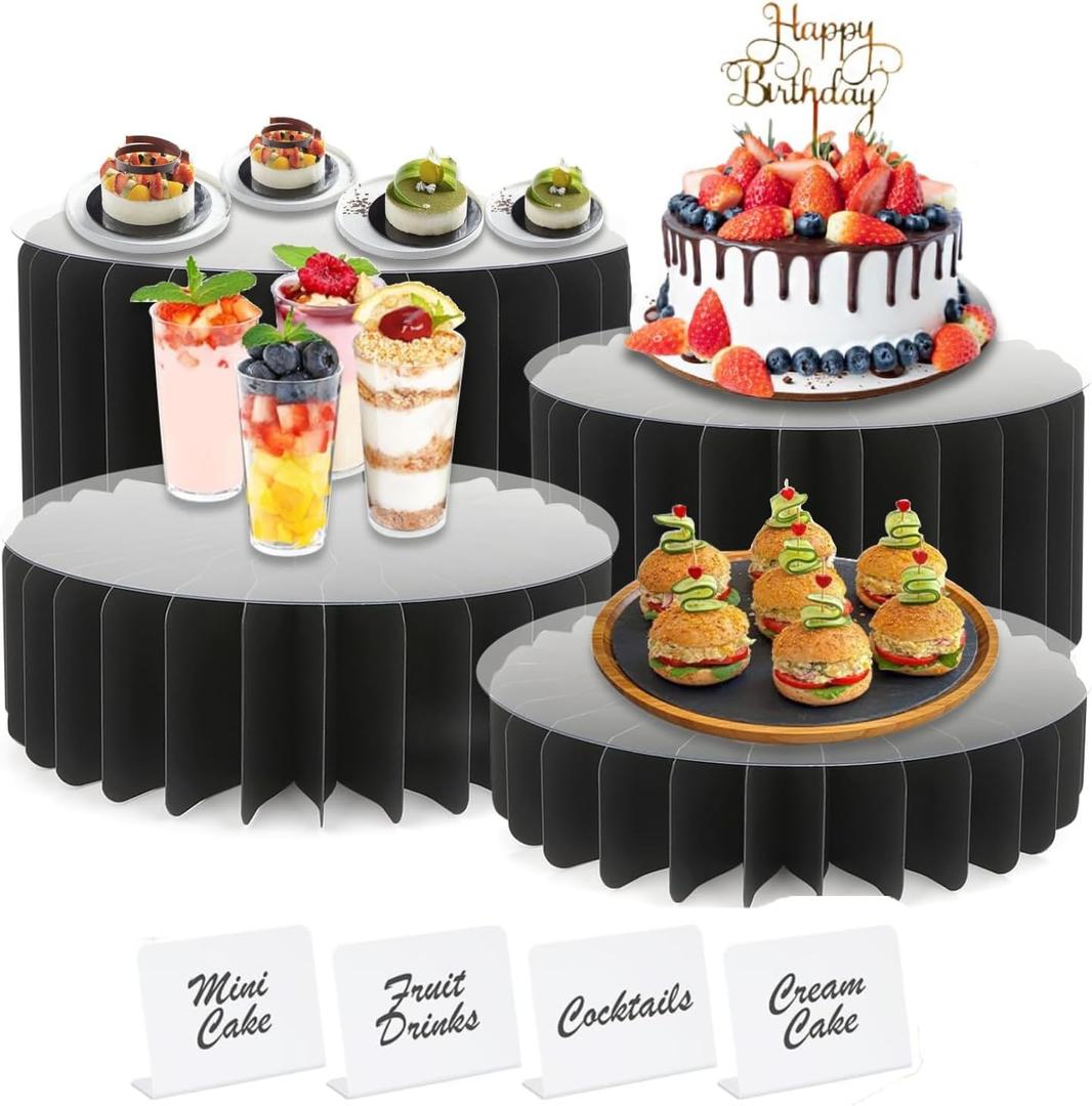 4 Pack Buffet Risers Food Risers for Buffet Table Acrylic Risers Display Stands Tall Cake Stands Cylinder Stands for Party Pedestal Cake Stand Dessert Table Display Set Cupcake Stands Cupcake Display (black, 4)