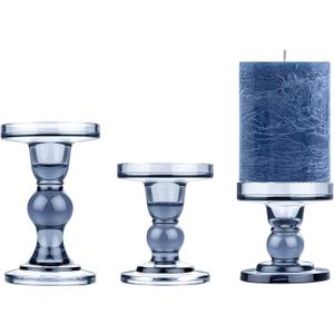 KiaoTime Set of 3 Glass Pillar Candle Holder Candlestick Taper Candle Set Crystal Blue Candlesticks Holder for Home Fireplace Table Bath Wedding Decoration