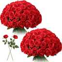 Tifuly Red Roses Artificial Flowers Bulk - 50 Pcs Realistic Long Stem Fake Silk Roses Bouquet for Wedding Centerpiece Table Vases Party Home Kitchen Decor (Red-50)